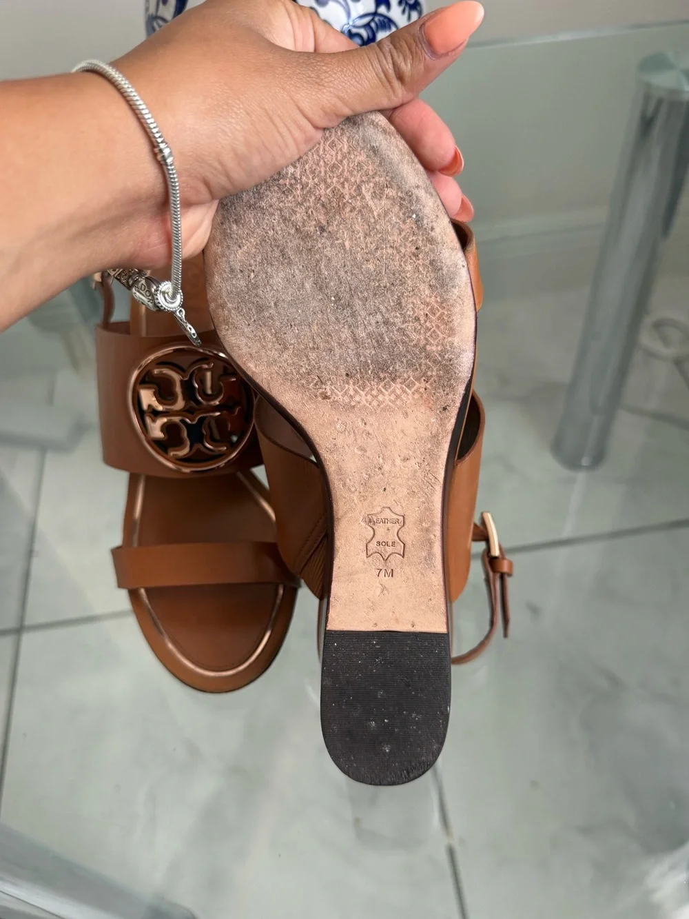 Tory Burch Tan Leather Logo Slingback Sandals